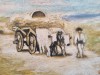 Tablou vechi pictat pe p&acirc;nză - peisaj rural cu căruță, Peisaje, Ulei, Realism