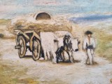 Tablou vechi pictat pe p&acirc;nză - peisaj rural cu căruță