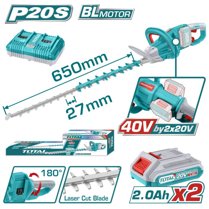 TOTAL - TOTAL - TRIMMER PENTRU TUNS GARD VIU - LI-ION - 40V (INCLUDE ACUMULATOR SI INCARCATOR) PowerTool TopQuality