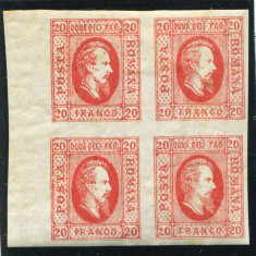 1865 , Lp 17 , Cuza 20 Par rosu / h. alba , bloc de 4 timbre - MVLH