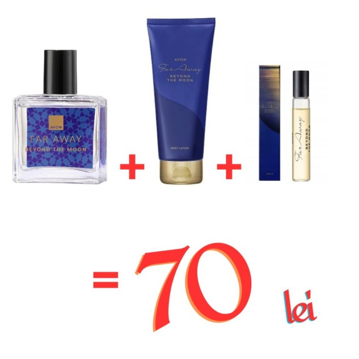 Apa de parfum Far Away Beyond The Moon 30 ml cu crema de corp Far Away Beyond The Moon 125 ml si miniparfum Beyond The Moon 8 ml , set feminin floral-