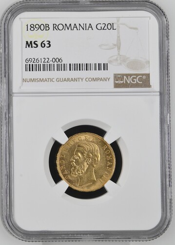 Moneda AUR 20 lei 1890, MS63, Carol I