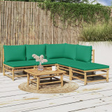 Set mobilier gradina bambus Gossi, 6 piese, perne verzi incluse, canapea colt, masa, taburet