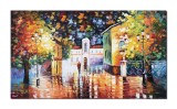 Cumpara ieftin Tablou gigant pictat manual living - La ceas de seara, la lumina felinarelor (2) - 120x70cm ulei pe panza de in, cutit efect 3D, Magnific