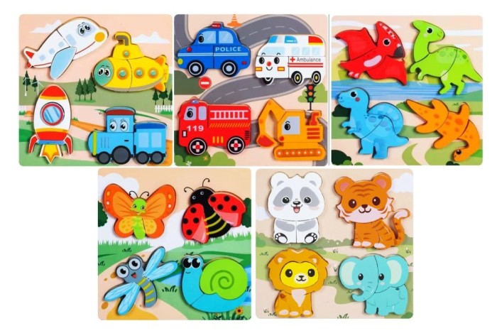Set Puzzle Incastru cu Animale din Jungla, Vehicule, Insecte, Dinozauri, Utilitare, Multicolor, 5 buc