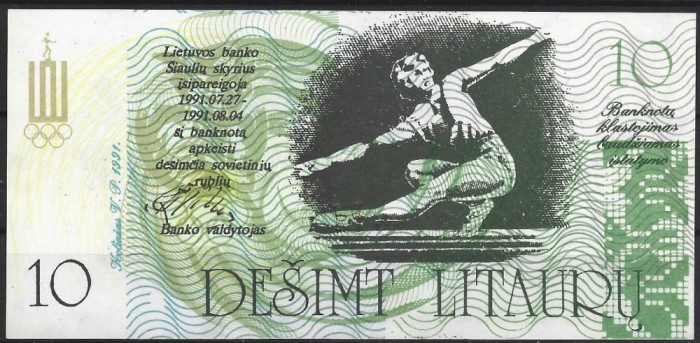 !!! RARR : LITUANIA , COMITETUL OLIMPIC - 10 LITAURU 1991 - UNC / CEA DIN SCAN