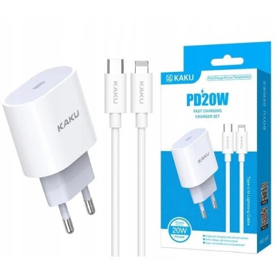 Incarcator de perete KakuSiga, 20 W, Compatibil cu Apple, Cablu USB-C la Lightning, 1 m, Plastic, Alb foto