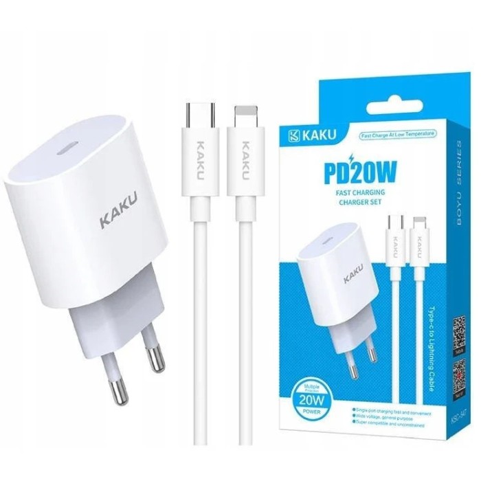 Incarcator de perete KakuSiga, 20 W, Compatibil cu Apple, Cablu USB-C la Lightning, 1 m, Plastic, Alb