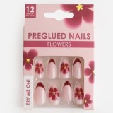 Unghii False cu V&acirc;rf Almond, Set de 12 Bucăți, Roz cu French și Flori Tropicale, cu Adeziv, CMCLASS