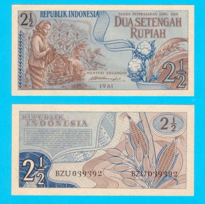 Indonezia (p#79) 2 1/2 Rupiah 1961 UNC &amp;#039;Plantație Porumb&amp;#039; serie: BZU039392 foto