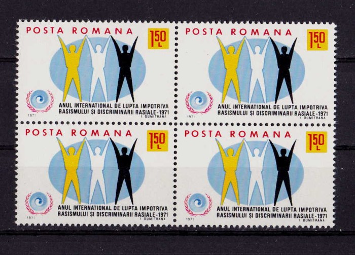 RO 1971 LP 755 &quot;Anul int. impotriva rasismului si discriminarii&quot;,bloc de 4 , MNH