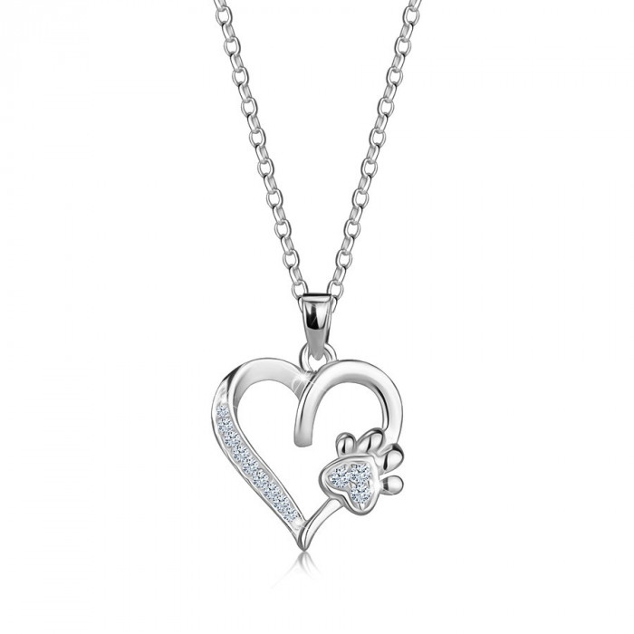Colier din argint 925 &ndash; linia inimii, inimă lăbuță, zirconii rotunde, inel cu arc