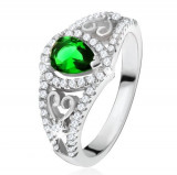 Inel argint 925, ştras verde &icirc;n formă de lacrimă, zirconiu transparent, contururi de inimă - Marime inel: 52