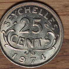 Seychelles -raritate exotica- moneda de colectie 25 cents 1974 UNC - tiraj 100k