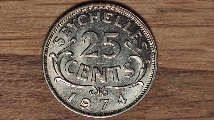 Seychelles -raritate exotica- moneda de colectie 25 cents 1974 UNC - tiraj 100k