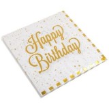Servetele de masă petrecere albe cu dungi din folie aurie Happy Birthday, CMCLASS