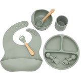 Set Complet Diversificare din Silicon, Farfurie cu Tacamuri, Bavetica, Cana-Pahar, Bol cu Lingura si Furculita, Olive