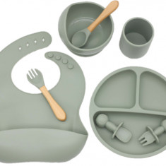 Set Complet Diversificare din Silicon, Farfurie cu Tacamuri, Bavetica, Cana-Pahar, Bol cu Lingura si Furculita, Olive