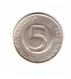 Moneda Slovenia 5 tolarjev 1995 Budapesta, stare foarte buna, curata, Europa, Cupru-Nichel