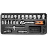 Set chei tubulare 3/8 NEO Tools, 22 piese, 6-24 mm, cu clichet 72 dinti