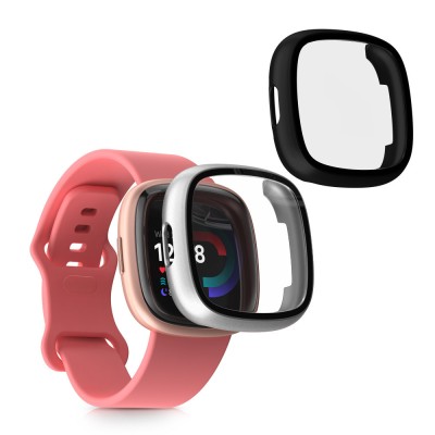 Set 2 Huse Kwmobile cu sticla securizata pentru Fitbit Versa 4/Sense 2, Negru/Argintiu, Plastic, KWM000024UJ004C foto