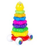 Piramida Educationala Bebe cu Inele Colorate si Pui Galben, 30cm, Plastic, Varsta 1-3 ani