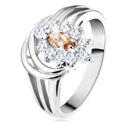 Inel lucios de culoare argintie, floare compusă din zirconii maro deschis și transparente - Marime inel: 54