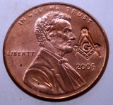 F.196 USA SUA 1 LINCOLN CENT 2005 XF/AUNC MASONIC MASON MASONERIE CONTRAMARCA, America de Nord