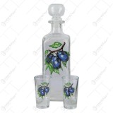 Sticla decorativa cu 2 pahare decorata cu prune