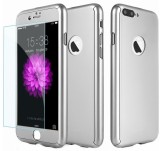 Husa Full Cover Argintie + Folie Sticla pentru iPhone 7 Plus, Fata Spate, Protectie Completa