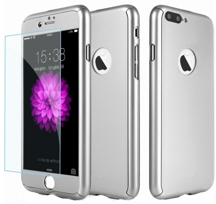 Husa Full Cover (fata + spate + folie sticla) pentru iPhone 7 Plus, Silver