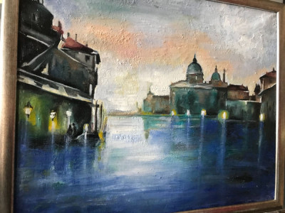 Galerie arta online Tablou peisaj Venetia, pictura cu apus, semnat, inramat foto