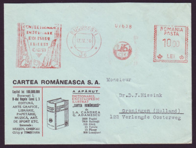 1934 Romania, Plic francatura mecanica publicitara Cartea Romaneasca, tipografie foto