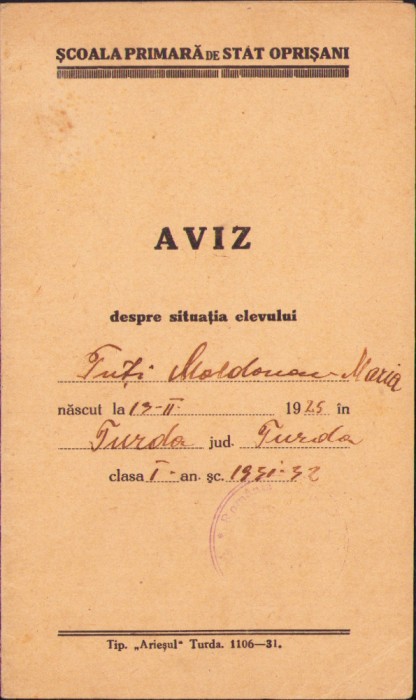 A2118 Aviz școlar 1931 Școala primară de stat Oprișani, județul Cluj