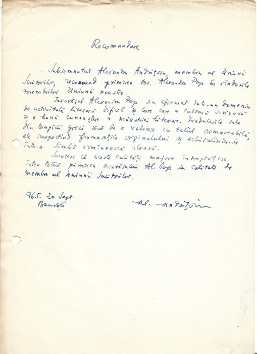 A3503N Alexandru Andrițoiu, act scris și semnat olograf, 1965