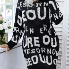 Rochie mini din tricot cu imprimeu scris, negru, dama