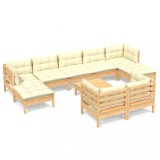 Set mobilier gradina cu perne crem, 10 piese, lemn masiv de pin