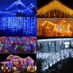 Instalatie 15m tip turturi perdea franjuri Craciun ALB CALD alb RECE multicolor albastru