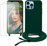 Set husa de protectie cu snur si 2 folii pentru iPhone 13 Pro Max Gumo, TPU/poliester/sticla securizata, verde inchis/transparent, 6,7 inchi