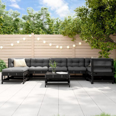 vidaXL Set mobilier relaxare grădină, 8 piese, negru, lemn masiv pin
