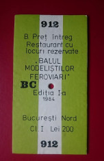Bilet Balul Modelistilor Feroviari 1984/19x10 cm foto
