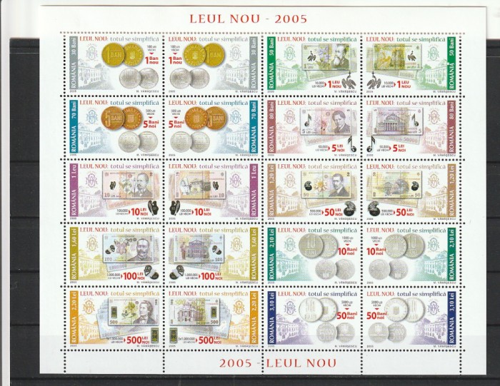 ROMANIA 2005 LP 1687 b LEUL NOU 2005 BLOC DE 20 TIMBRE MNH NESTAMPILAT