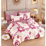 Lenjerie pat dublu,bumbac finet,6 piese,cearceaf cu elastic,alba cu ursuleti mov-A807