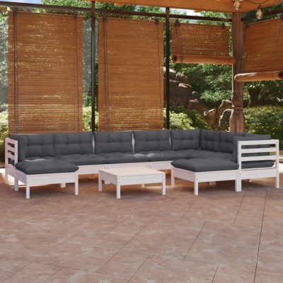 vidaXL Set mobilier grădină cu perne, 10 piese, alb, lemn masiv pin 3096714 foto