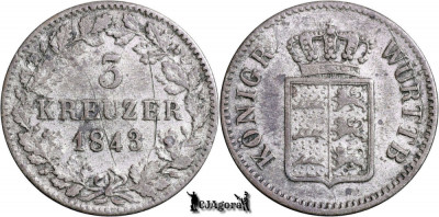 1843, 3 Kreuzer - Vilhelm I - Regatul W&amp;uuml;rttemberg | KM 591 foto