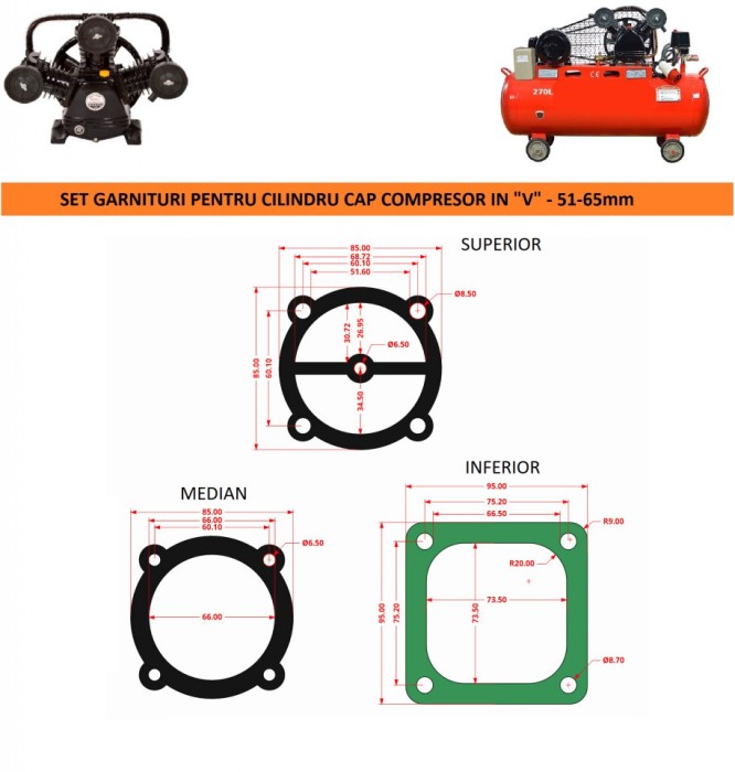 Garnituri set pentru cap compresor de aer V 65mm CH080 Mod.3(I)