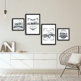 Set 4 tablouri decorative, Alpha Wall, Vintage Car, 30x30/35x50 cm