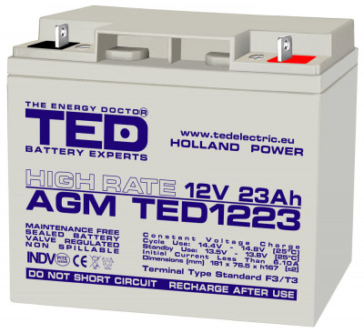 Acumulator AGM VRLA 12V 23A High Rate 181mm x 76mm x h 167mm F3 TED Battery Expert Holland TED003348 (2) SafetyGuard Surveillance foto