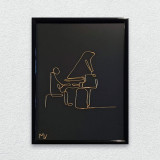 Tablou pianist, sculptura din fir continuu de sarma placata cu aur, 16&times;21 cm