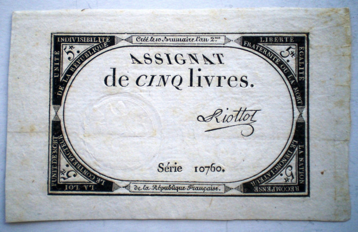 12. FRANTA REPUBLICA ASIGNAT 5 CINQ LIVRES RIOTTOT L&#039;AN 2 1793/1794 SR. 10760
